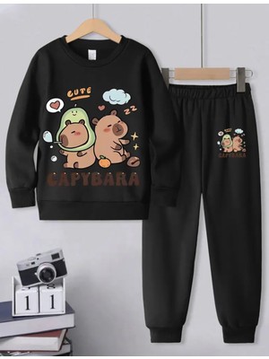 Punix Kids Punıx Kıds Özel Seri Yuvarlak Yaka Capybara Avokada Baskılı %100 Pamuk Kışlık Çocuk Eşofman Takımı