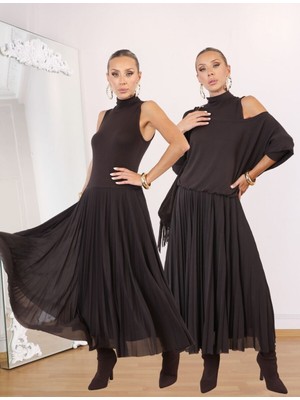 Qimya Butik Buketli Kadın Üstü Dik Yaka Kolsuz Eteği Tül Pliseli Üstü Kısa Bluzlü Iki Parçalı Elbise