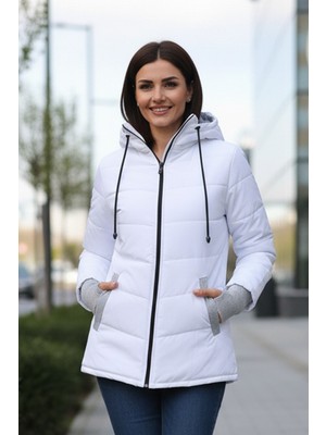 Barbora Günlük Su Geçirmez Kışlık Eldivenli Kadın Şişme Beyaz Mont