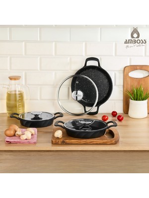 Amboss Kuvars  Döküm Sahan Seti Siyah Granit Kaplama 10 cm Yumurta Sahanı