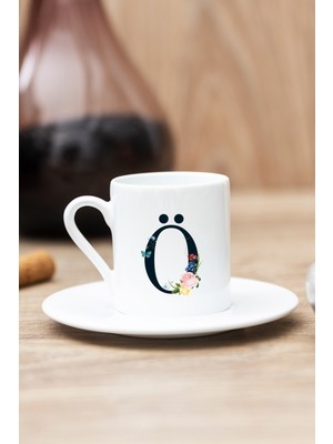 Beyaz Ö Harfi Çiçek Tasarım Türk Kahvesi Fincanı