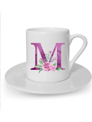 Mor Renkli M Harfi Baskılı Beyaz Türk Kahvesi Fincanı