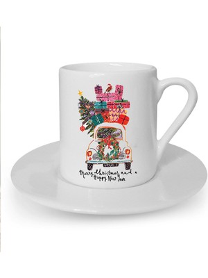 Yılbaşı Noel Temalı Sevimli Kedi Baskılı Beyaz Türk Kahvesi Fincanı