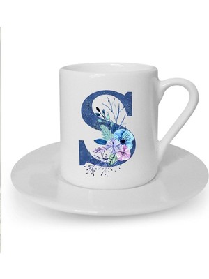 Mavi Renkli S Harfi Baskılı Beyaz Türk Kahvesi Fincanı