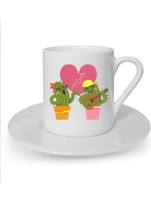 Müzisyen Kaktüsler Baskılı Beyaz Türk Kahvesi Fincanı