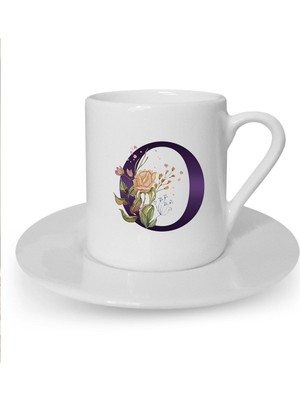 Kahverengi Gül O Harfi Baskılı Beyaz Türk Kahvesi Fincanı