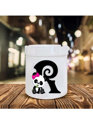 Beyaz Panda Desenli R Harfi Baskılı Seramik Şık Küllük