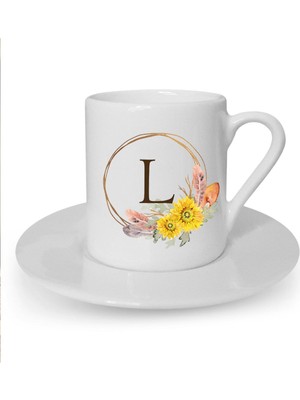 Çiçek Desenli L Harfi Baskılı Beyaz Türk Kahvesi Fincanı