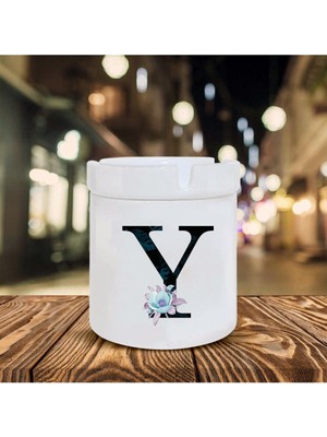 Mavi Çiçekli Y Harfi Baskılı Seramik Şık Küllük