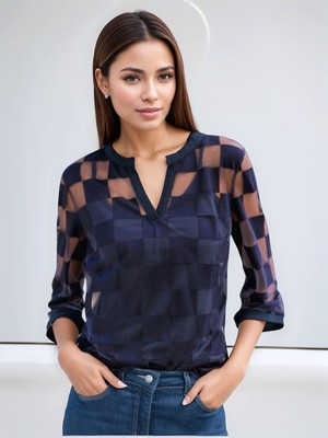 Mamayaga Kadın V Yaka Kare Desenli Şifon Truvakar Kol Astarlı Tasarım Şık Büyük Beden Curve Bluz