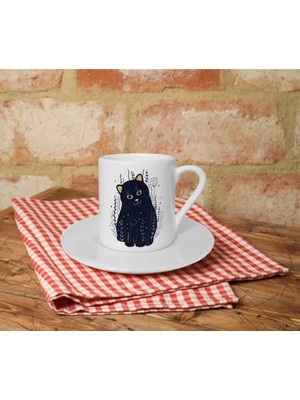 Sevimli Kedi Baskılı Beyaz Türk Kahvesi Fincanı 2