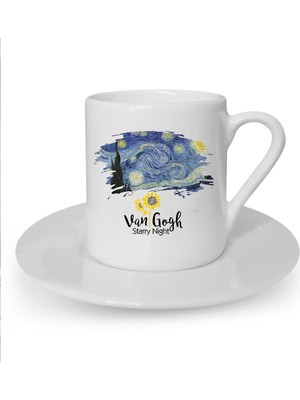 Van Gogh Yıldızlı Gece Baskılı Beyaz Türk Kahvesi Fincanı