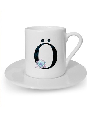 Mavi Çiçekli Ö Harfi Baskılı Beyaz Türk Kahvesi Fincanı