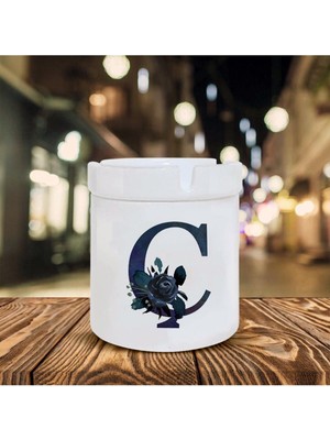 Siyah Gül Ç Harfi Baskılı Seramik Şık Küllük