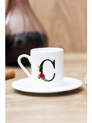 Beyaz C Harfi Çiçek Tasarım Türk Kahvesi Fincanı