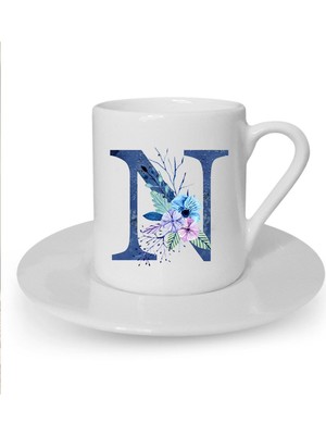 Mavi Renkli N Harfi Baskılı Beyaz Türk Kahvesi Fincanı