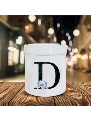 Mavi Çiçekli D Harfi Baskılı Seramik Şık Küllük