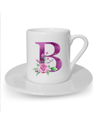 Mor Renkli B Harfi Baskılı Beyaz Türk Kahvesi Fincanı