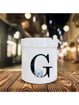 Mavi Çiçekli G Harfi Baskılı Seramik Şık Küllük