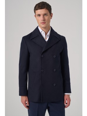 Morven  Erkek Lacivert Yünlü Kruvaze Dynamic Fit Sivri Yaka Kaban