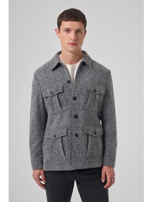Morven  Erkek Siyah Trend Yünlü Dinamik Fit Gömlek Ceket