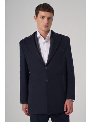 Morven Erkek Lacivert Yünlü Düz Dynamic Fit Sivri Yaka Kaban Uzun Kollu Astarlı Model