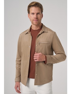 Morven  Erkek Vizon Polyester Trend Düz Dynamic Fit Berberi Yaka Gömlek Ceket