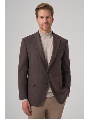 Morven  Erkek Kahve Poliviskon Dokuma Desenli Dynamic Fit Mono Yaka Ceket