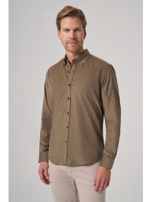 Morven  Erkek Haki Pamuk Trend Dynamic Fit Düğmeli Yaka Gömlek
