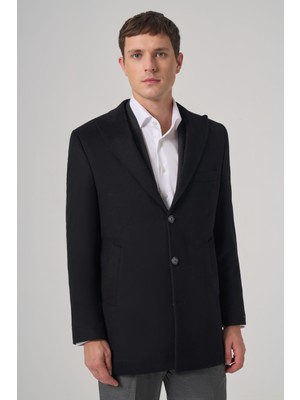 Morven Erkek Dynamic Fit Siyah Düz Kaban 70% Yün Uzun Kollu Sivri Yaka Astarlı