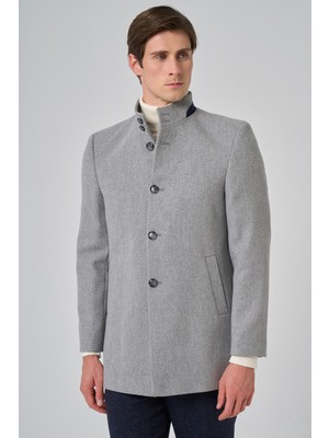 Morven  Erkek Gri Yünlü Düz Dynamic Fit Hakim Yaka Kaban
