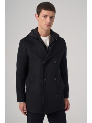 Morven  Erkek Siyah Yünlü Çıkma Yaka Kapüşonlu Dynamic Fit Kaban