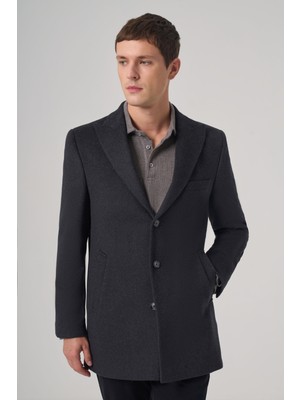 Morven  Erkek Füme Yünlü Düz Dynamic Fit Sivri Yaka Kaban