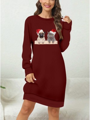 Buğrahayalin Kadın Uzun Kollu Bisiklet Yaka Desenli Viskon Iki Iplik Elbise