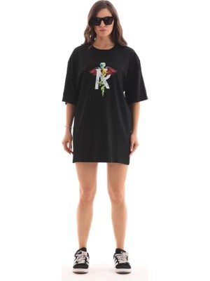 Buğrahayalin Unisex Bisiklet Yaka Baskılı Oversize T-Shirt - Siyah