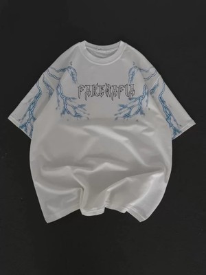 Buğrahayalin Unisex Bisiklet Yaka Baskılı Oversize T-Shirt - Beyaz