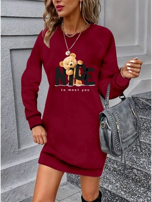 Buğrahayalin Kadın Uzun Kollu Bisiklet Yaka Ayı Desenli Viskon Iki Iplik Elbise