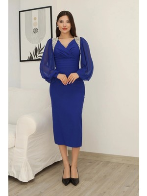 Lodmela Işlemeli Omuz Detaylı Balon Kollu Kruvaze Yaka Midi Elbise 2326-SAKS