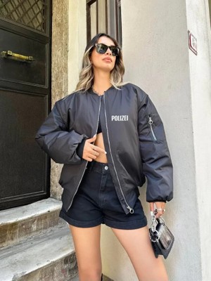 Buğrahayalin Unisex Uzun Kol Baskılı Bomber Ceket - Siyah