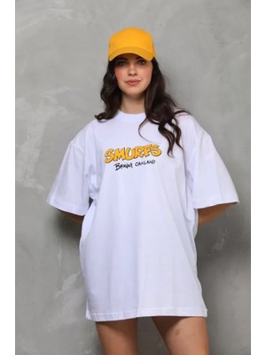 Buğrahayalin Unisex Bisiklet Yaka Baskılı Oversize T-Shirt - Beyaz