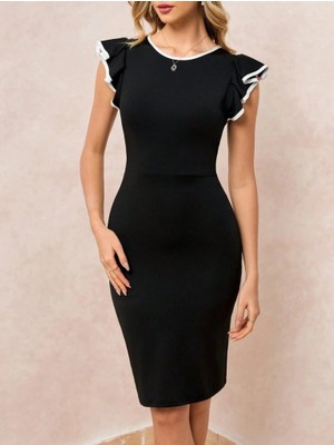 Buğrahayalin Kadın Kısa Kollu Bisiklet Yaka Yırtmaçlı Ithal Krep Elbise