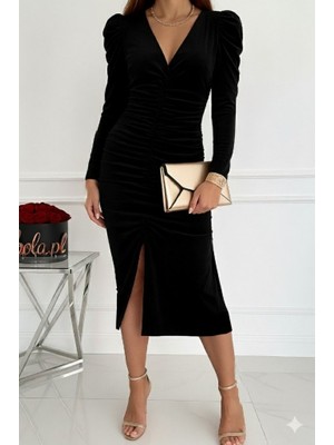 Buğrahayalin Kadın Uzun Kollu Derin Kruvaze Yakalı Önden Büzgülü Yırtmaç Detaylı Kadife Midi Elbise