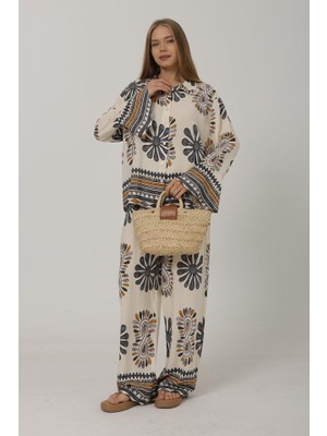 Buğrahayalin Desenli Kolları Volanlı Pantolon Takım - Antrasit