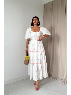 Eccey Butik Pudra Dantel Detaylı Brode Elbise