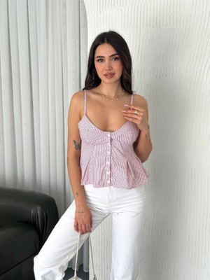 Buğrahayalin Askılı Dekolte Deraylı Crop - Kırmızı