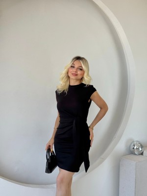 Buğrahayalin Kadın Kısa Kap Kollu Bisiklet Yaka Belden Bağlamalı Modal Mini Elbise