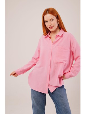 Eccey Butik Salaş Kesim Cepli Pembe Gömlek