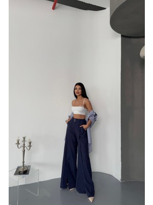 Buğrahayalin Salaş Önden Yırtmaç Detaylı Bel Kemerli Pantolon - Lacivert