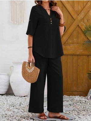 Buğrahayalin Kadın Kısa Kollu V Hakim Yaka Düğmeli Bürümcük Bluz ve Pantolon Ikili Takım