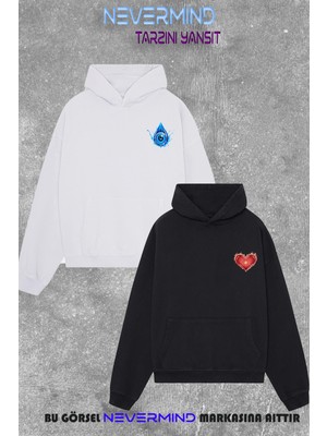 Nevermind Unisex Çift Kombini 2’li Oversize Hoodie Kalp & Göz Tasarımlı Sweatshirt – Sevgili Kombini